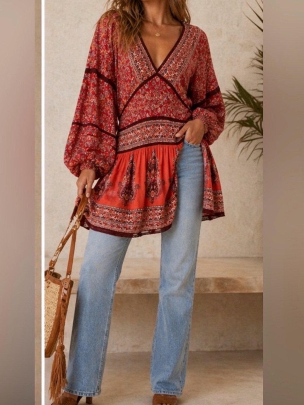 Free People Rust Red Paisley V-Neck Boho Tunic